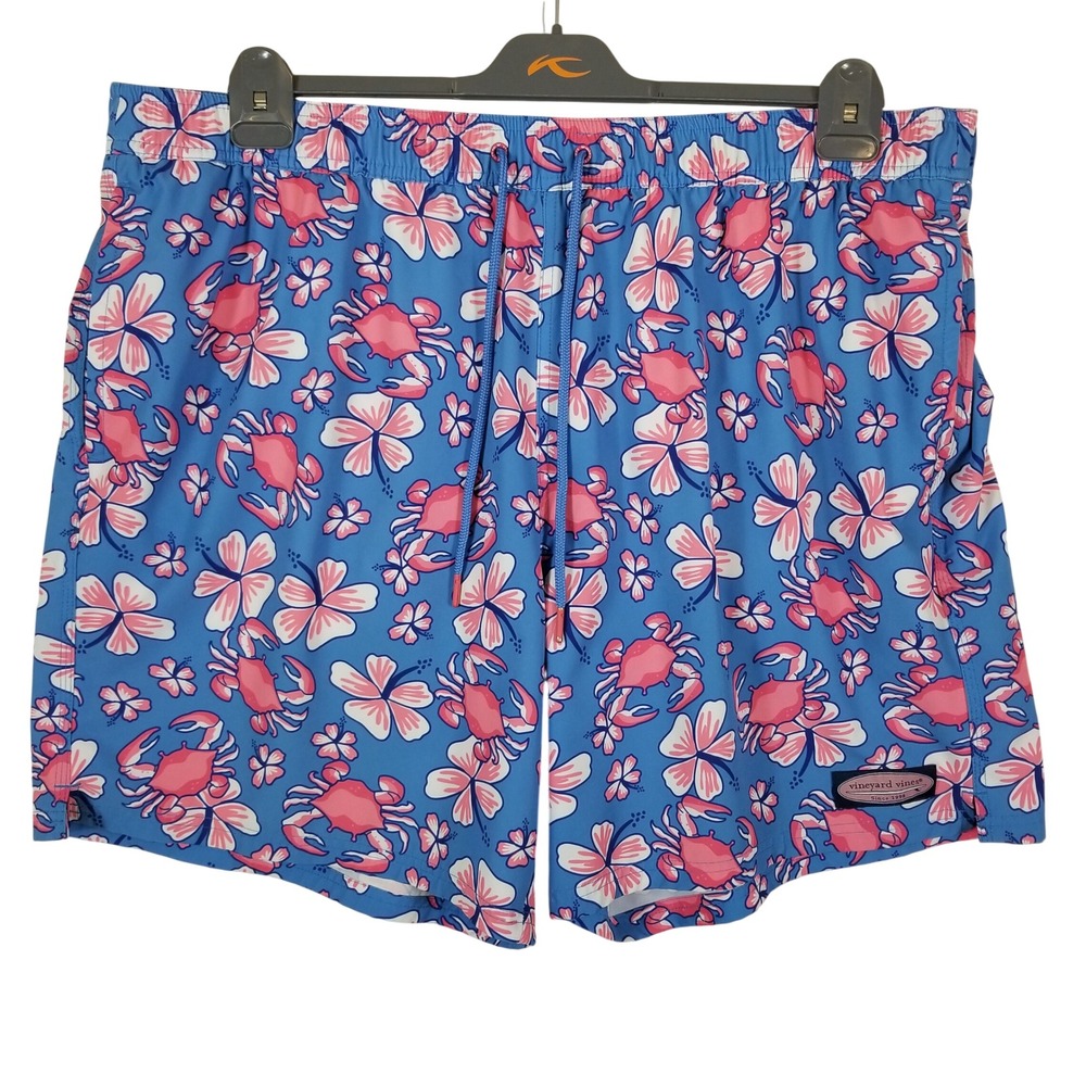 Vineyard Vines Mens 2XB Blue Pink Crab Hibiscus Floral Swim Trunks Board Shorts
